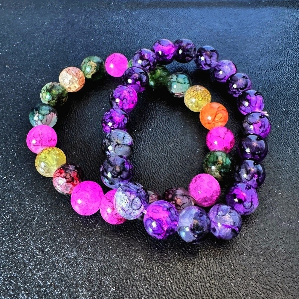 Crackle Agate Style Beaded Stretch Bracelets Colorful Fashion Set of 2